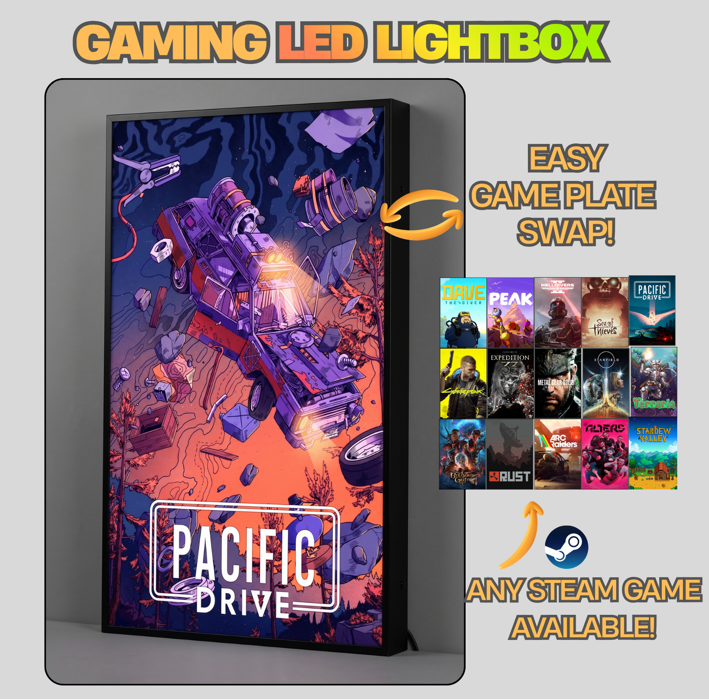 Gaming LED lightbox with customizable game plates and Pacific Drive branding.