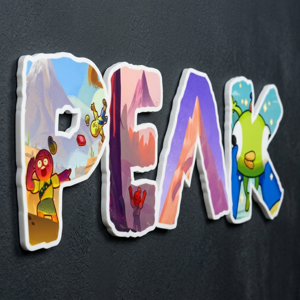 Colorful 3D letters spelling 'PEAK' with cartoon characters on a dark background