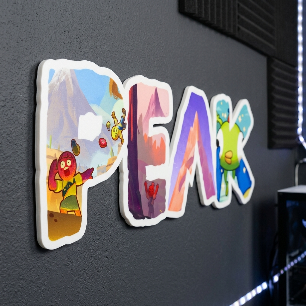 Colorful 'PEAK' sign with cartoon characters on a dark wall.