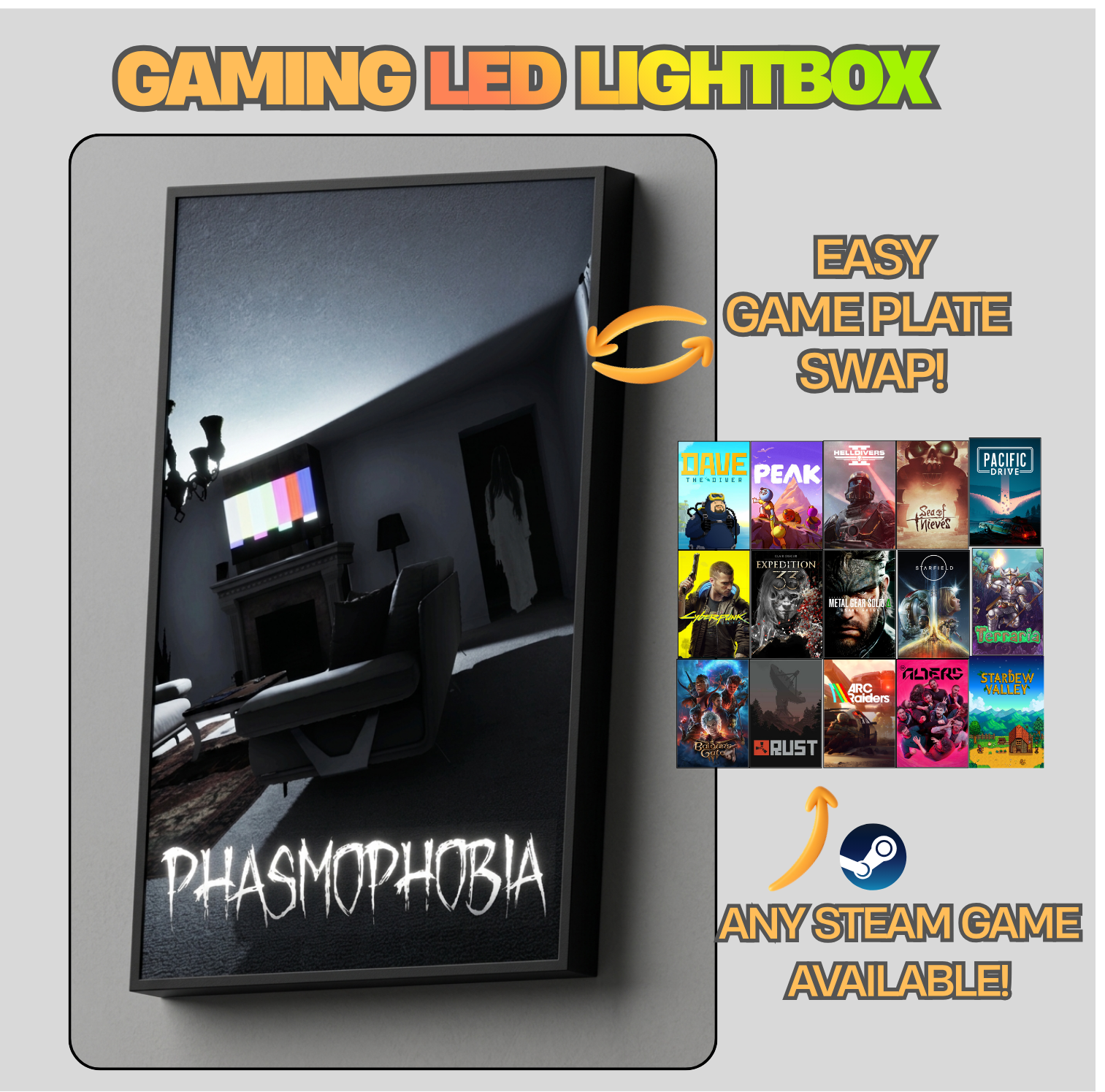 Gaming LED lightbox with customizable game display and easy swap feature.