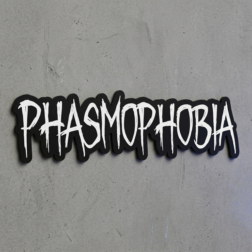 Sticker with 'PHASMOPHOBIA' text on a gray background