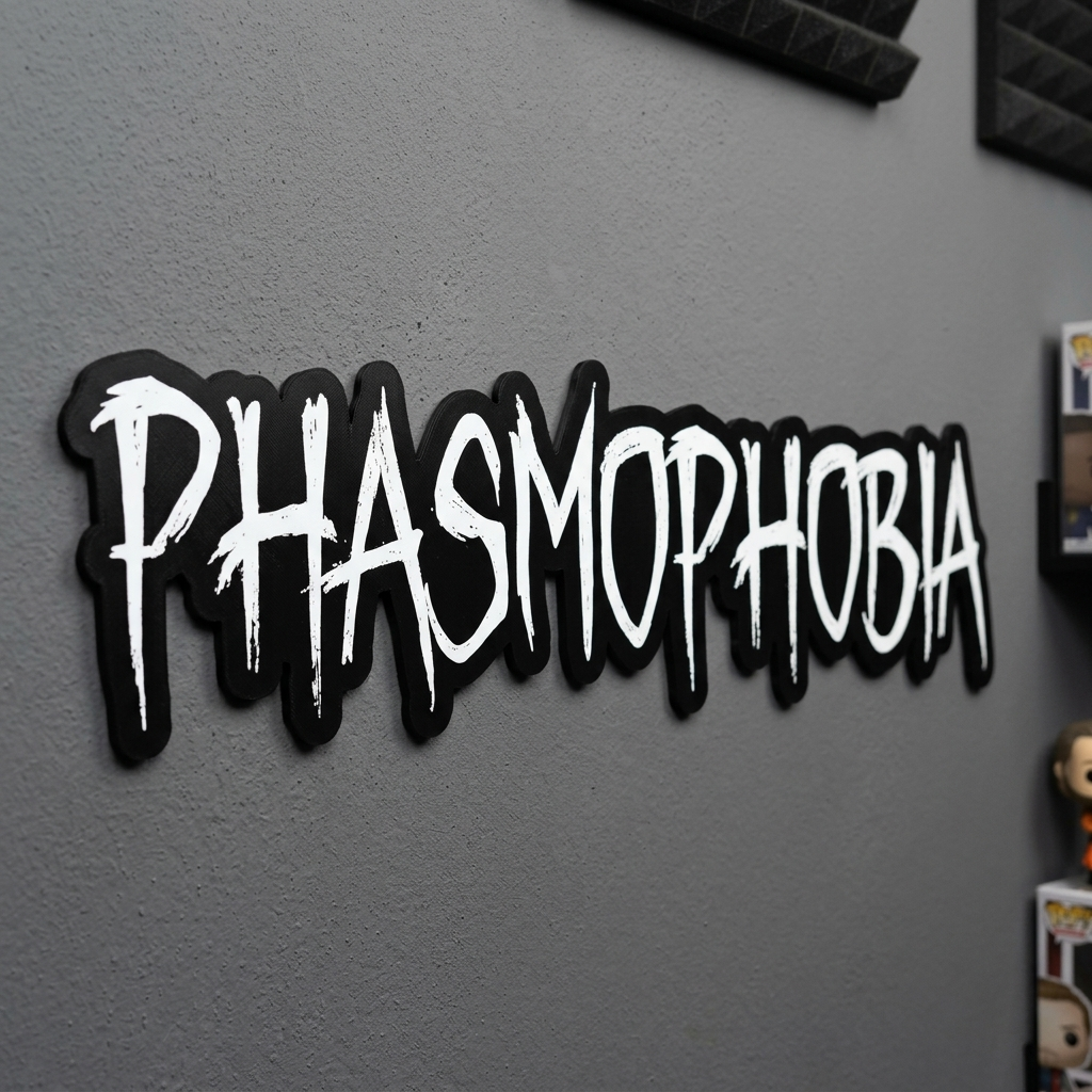 Sticker with 'PHASMOPHOBIA' text on a gray wall