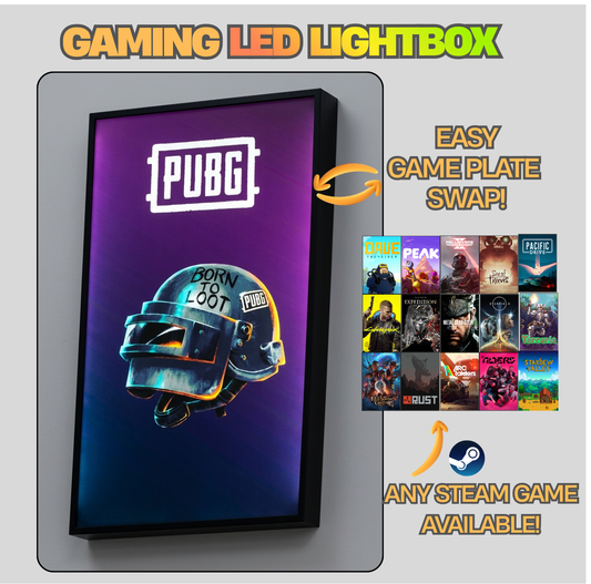 Gaming LED lightbox with PUBG helmet design and game plate swap feature.