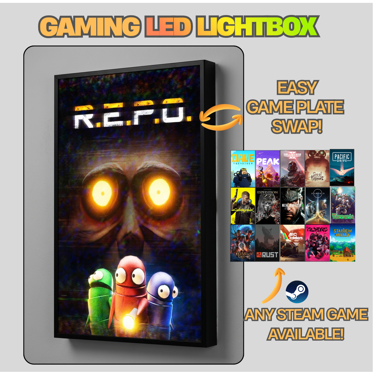 Gaming LED lightbox with 'R.E.P.O.' design and swapable game plates on a gray background.