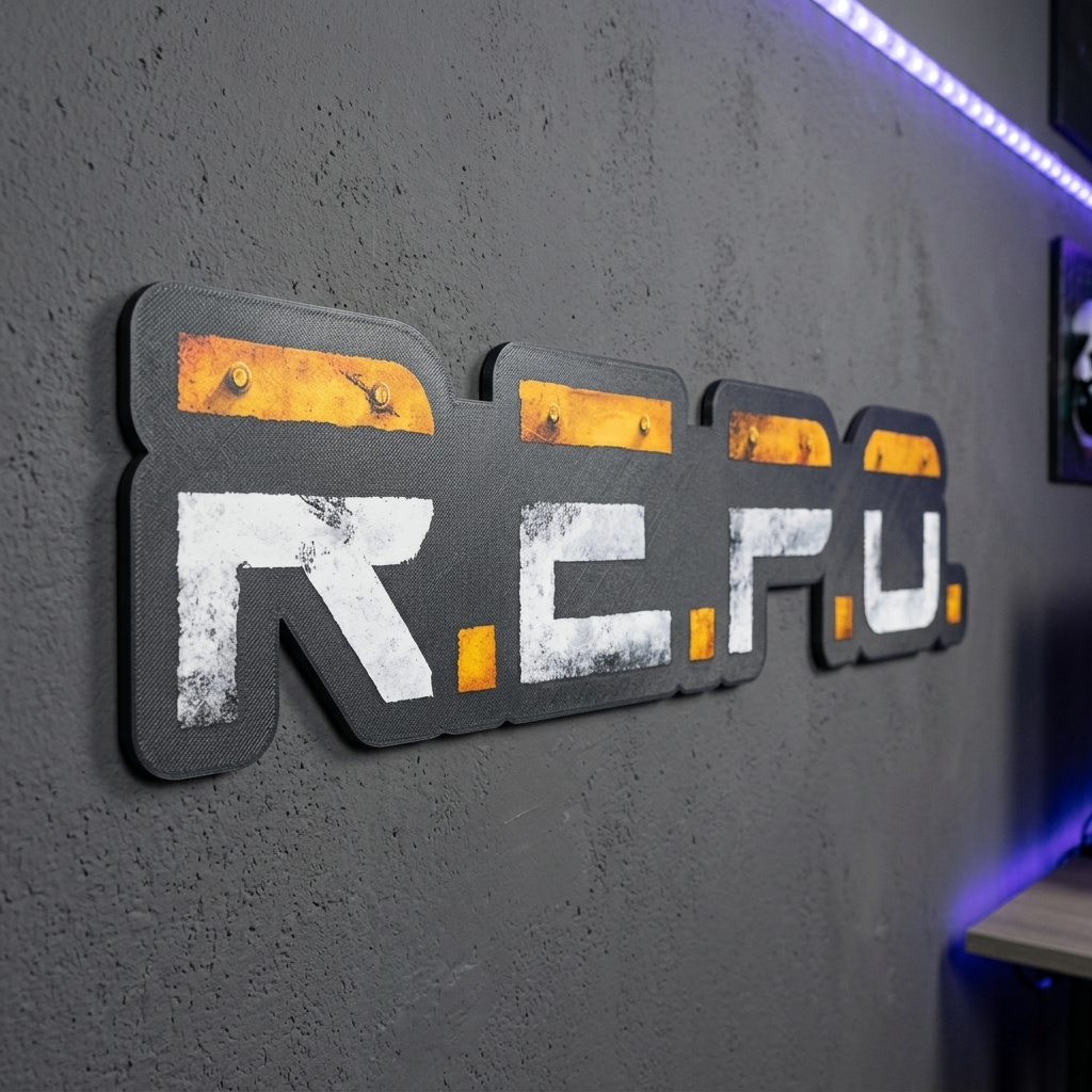 R.E.P.O. logo on a textured wall with a neon light