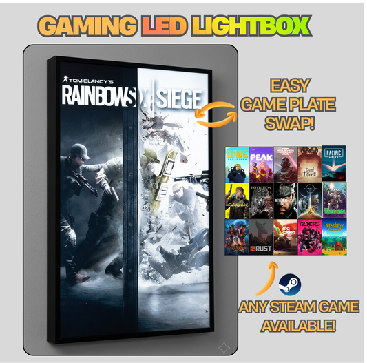 Gaming LED lightbox displaying 'Tom Clancy's Rainbow Six Siege' with swapable game plates on a gray background.