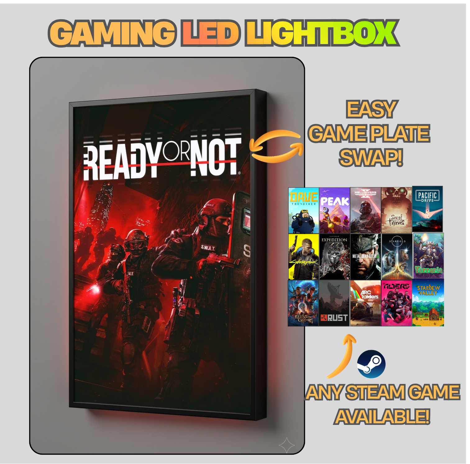 Gaming LED lightbox with 'Ready or Not' design and swapable game plates on a gray background.
