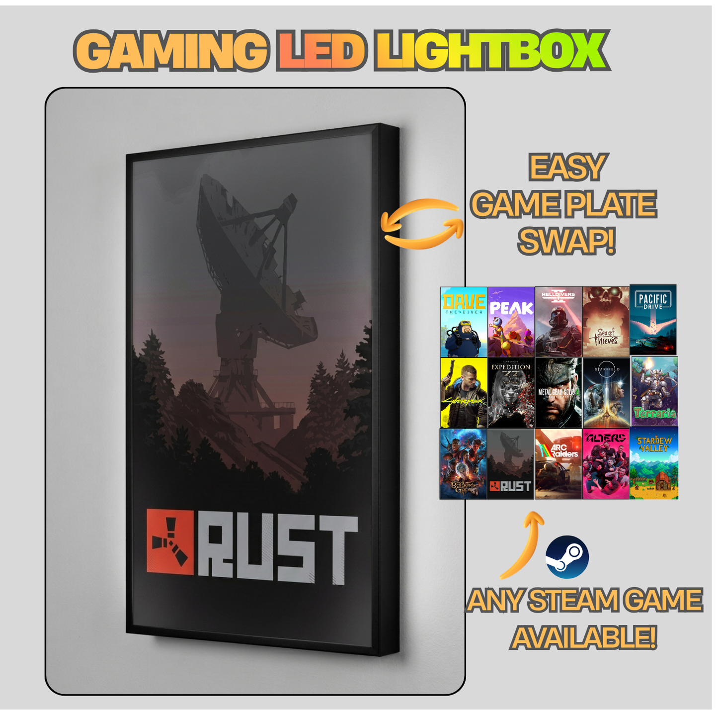 Gaming LED lightbox with 'Rust' theme and swapable game plates on a gray background