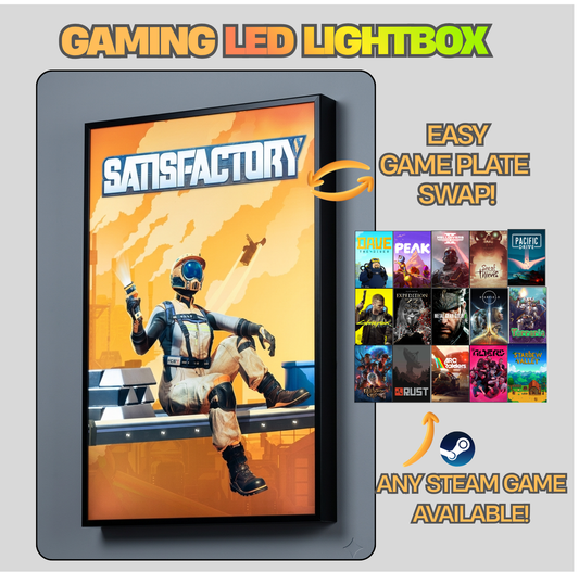 Gaming LED lightbox with 'Satisfactory' game cover and swapable game plates on a gray background.