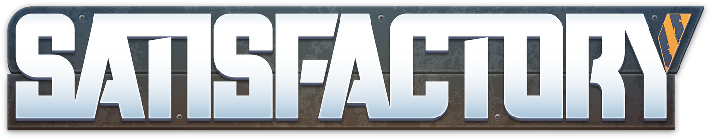 Logo of the game 'Satisfactory' with metallic text and a blue and gray color scheme.