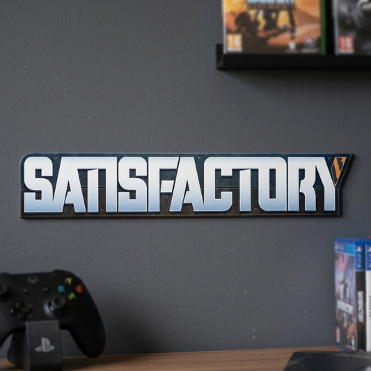 Satisfactory logo on a wall with gaming console and games in the background