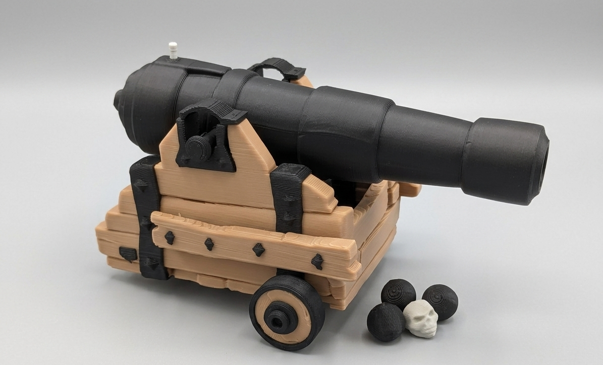 Toy cannon with wooden carriage and black barrels on a gray background