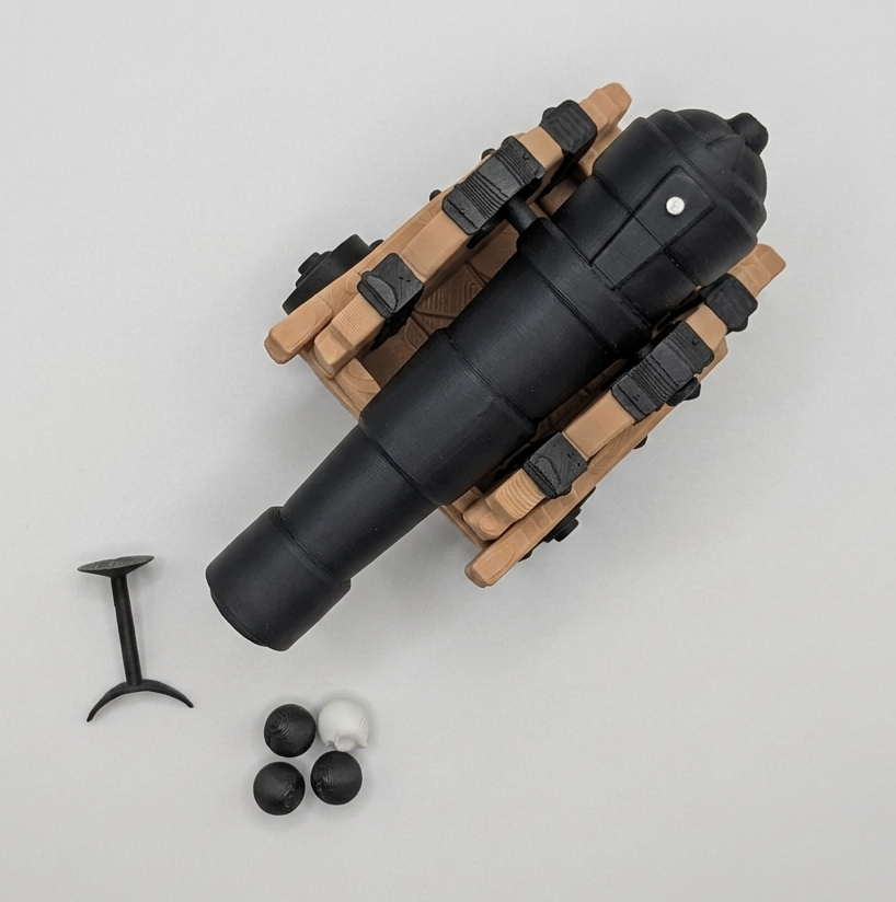 Black and brown tactical launcher with attachments on a light gray background