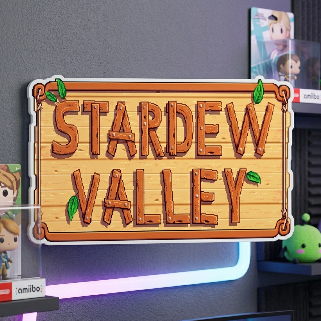 Stardew Valley sign on a shelf with gaming paraphernalia in the background