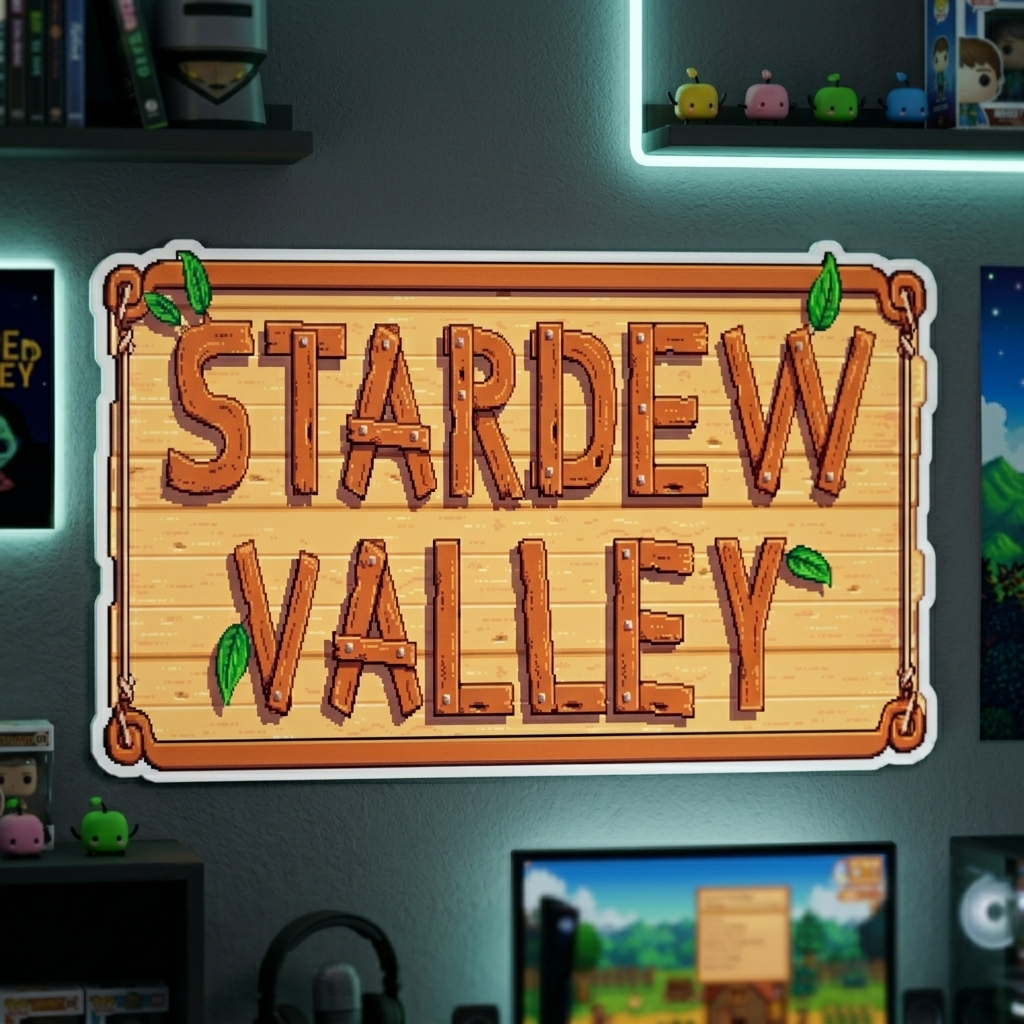 Stardew Valley logo on a wall in a gaming room with shelves and neon lights.