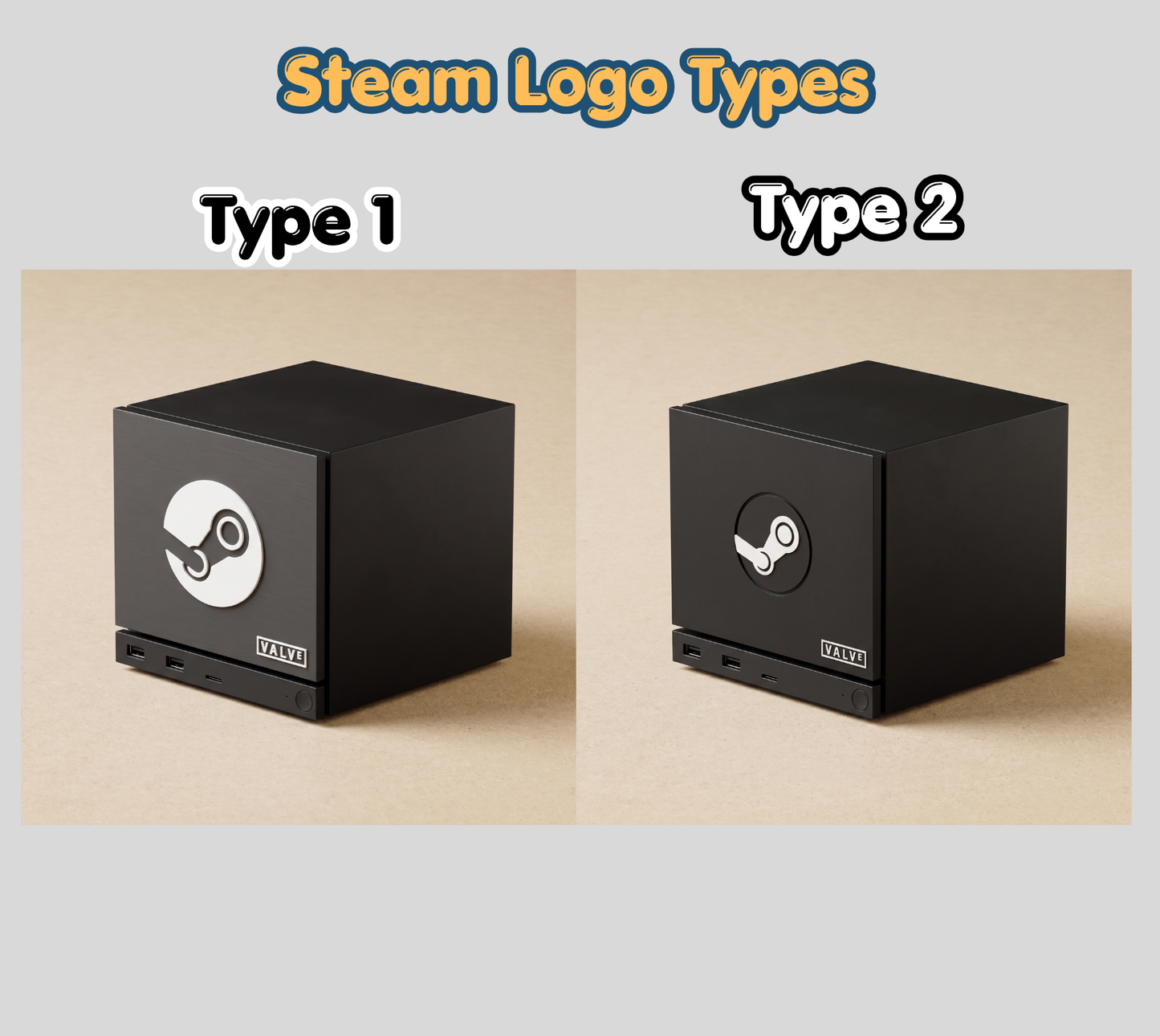 A comparison graphic titled 'Steam Logo Types' showing two black cube-shaped devices labeled 'Type 1' and 'Type 2' on a beige background, each with a circular Steam logo on the front.