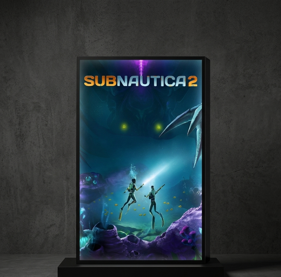 Framed poster of 'Subnautica 2' game cover with underwater scene and characters.