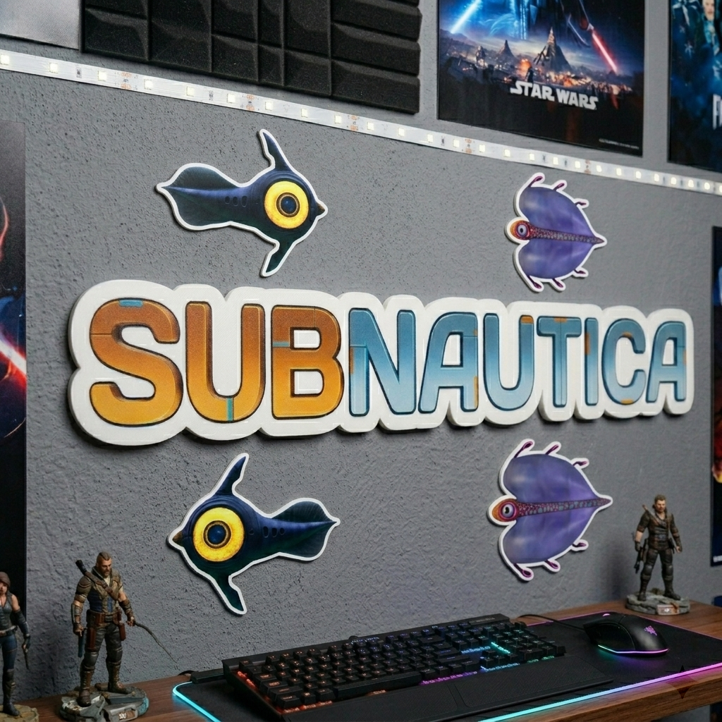Desk setup with 'Subnautica' branding and gaming accessories on a gray wall.