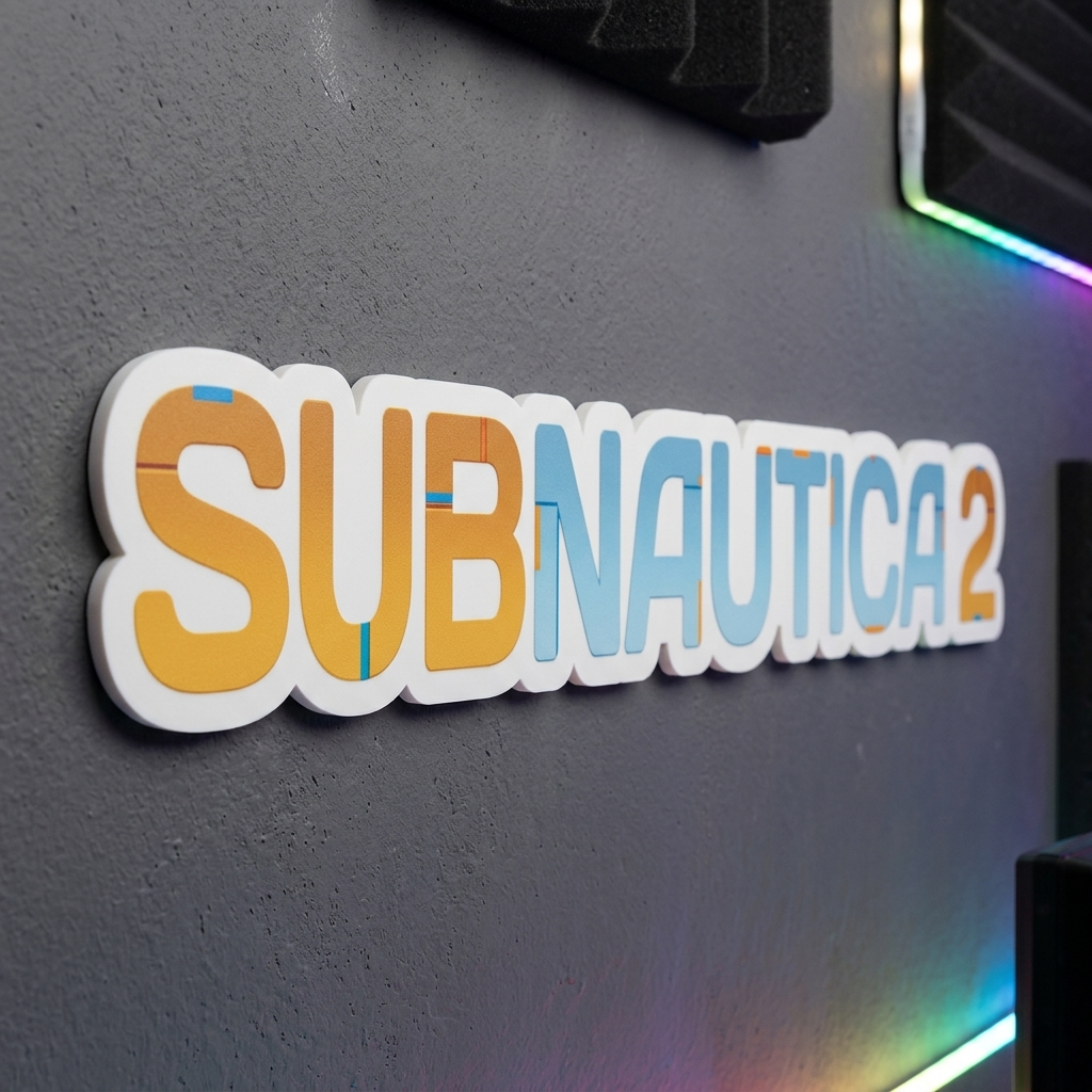 Sticker with 'SUBNAUTICA 2' text on a dark surface