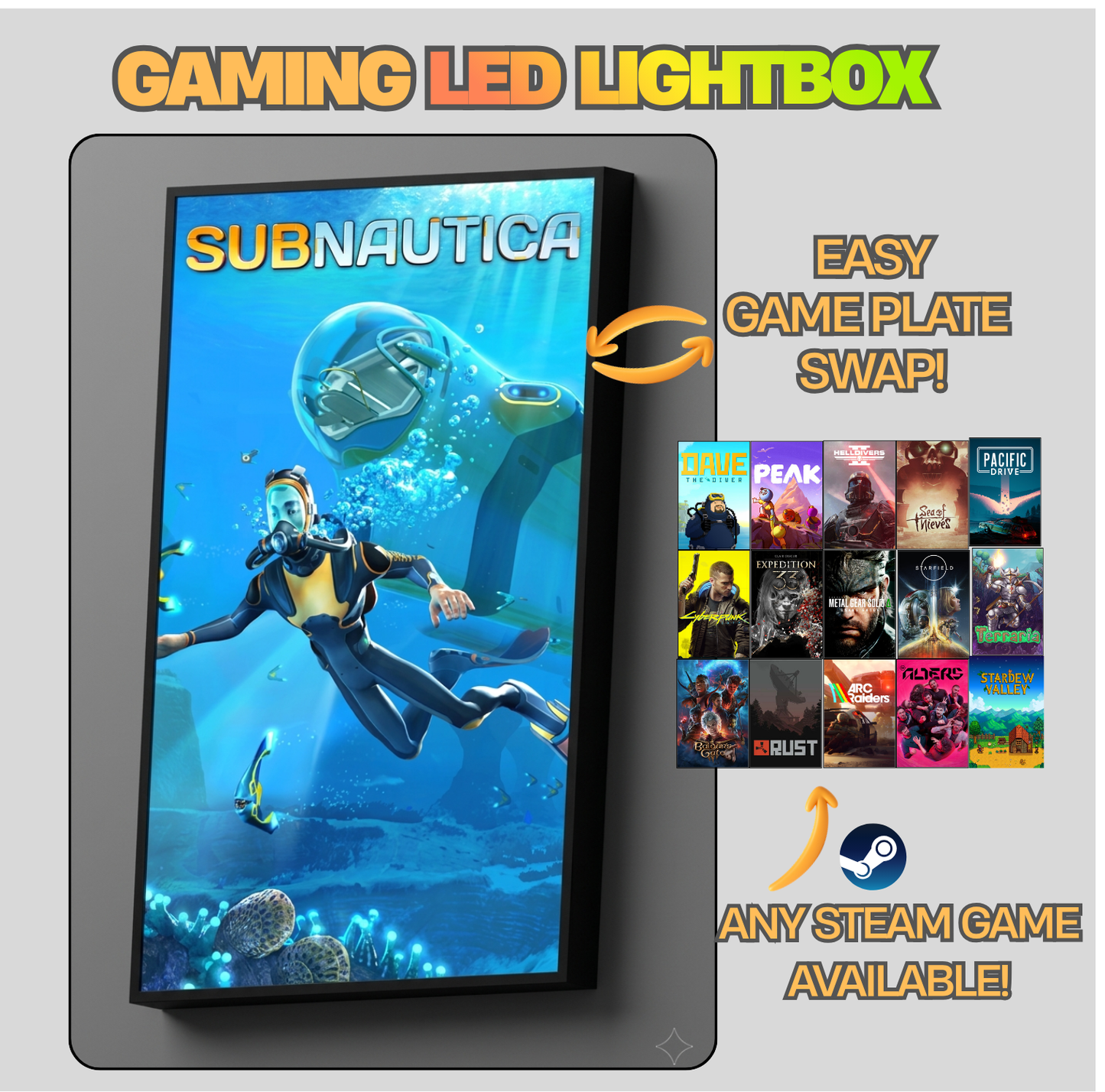 Gaming LED lightbox displaying 'Subnautica' with swapable game plates on a gray background