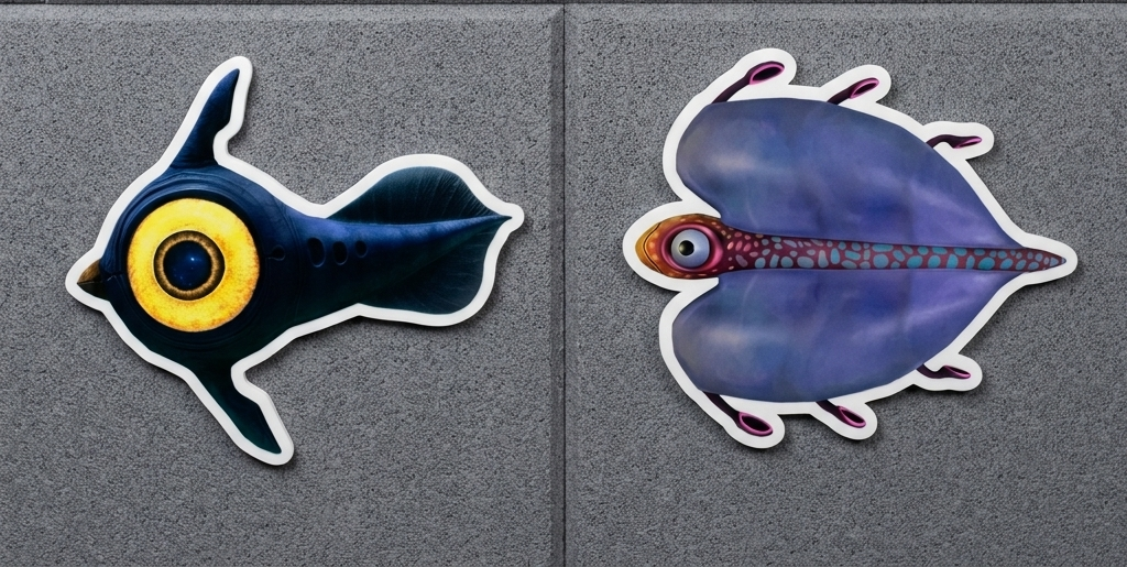 Two cartoon-like fish illustrations on a gray background