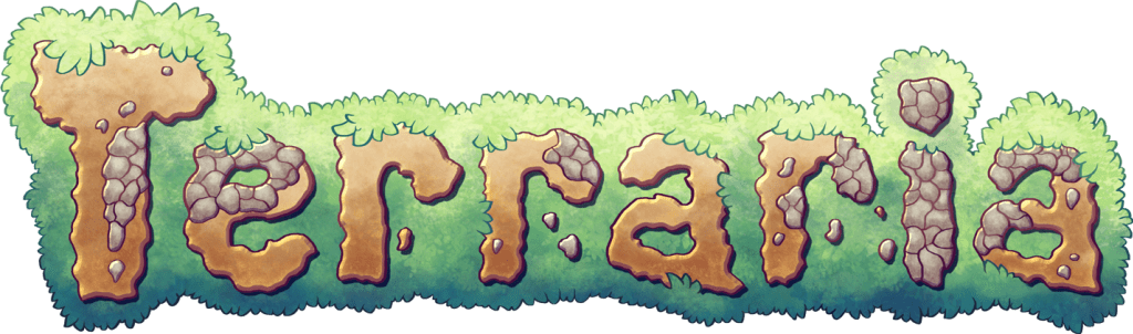 Terraria logo with a textured, grassy border