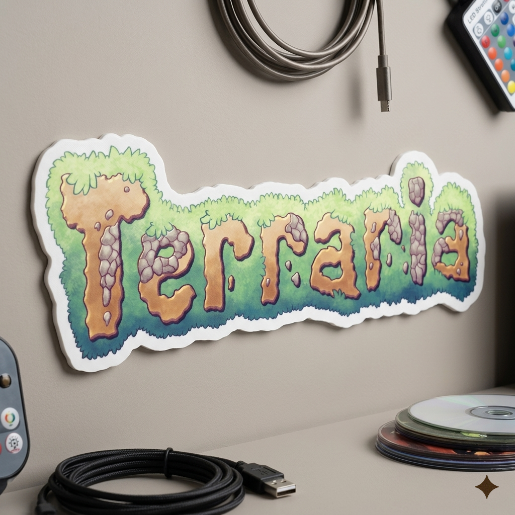 Terraria logo sticker on a wall with cables and a remote control in the background