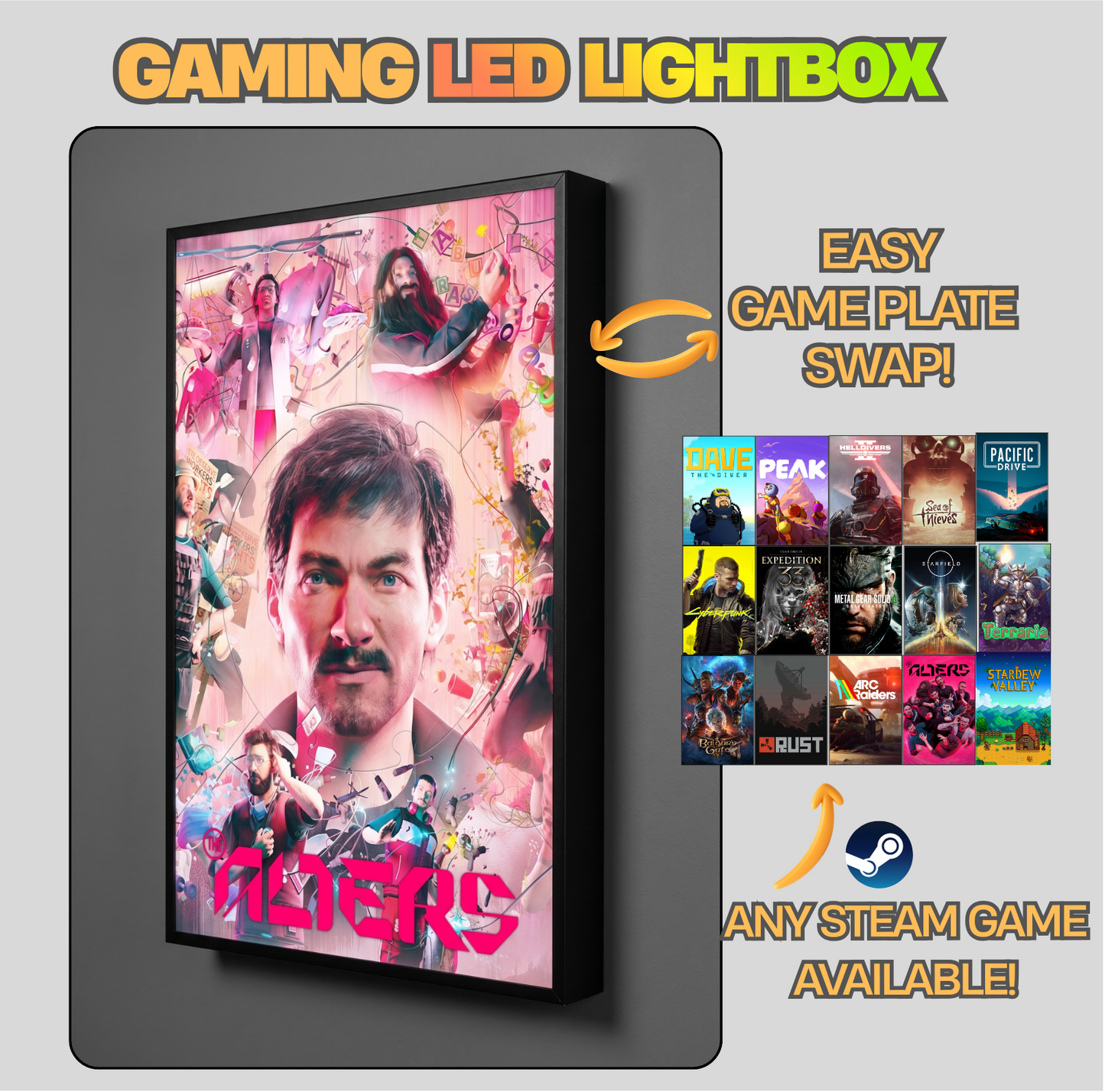 Gaming LED lightbox with customizable game plate swap feature on a gray background