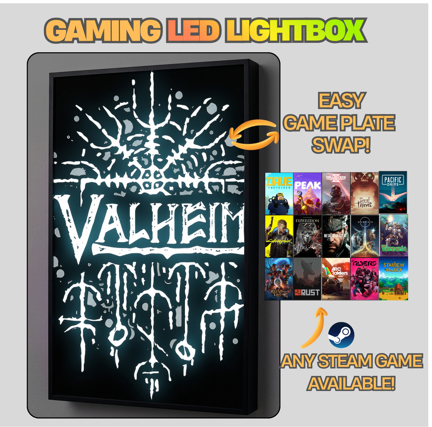 Gaming LED lightbox with 'Valheim' design and Steam game compatibility on a gray background