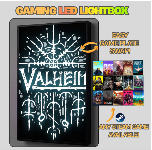 Gaming LED lightbox with 'Valheim' design and Steam game compatibility on a gray background
