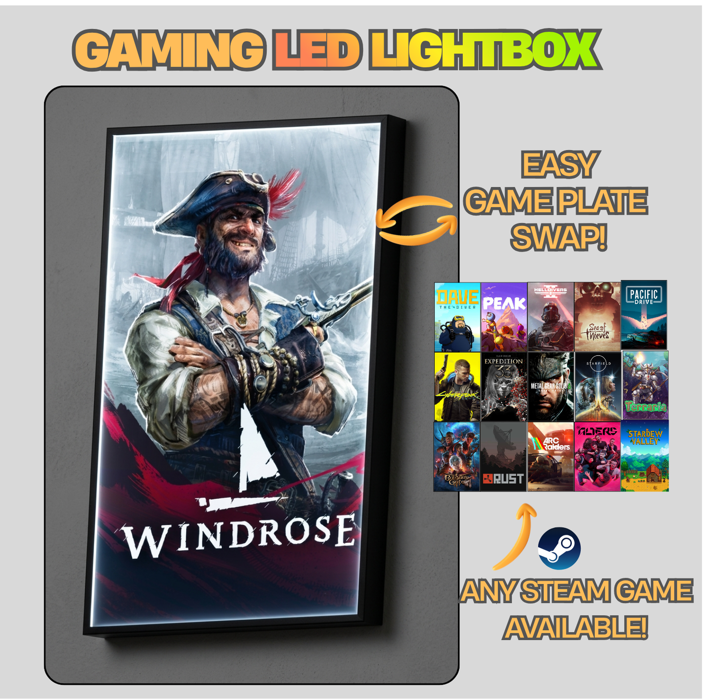 Gaming LED lightbox with a pirate-themed design and 'Windrose' branding, featuring an easy game plate swap feature.