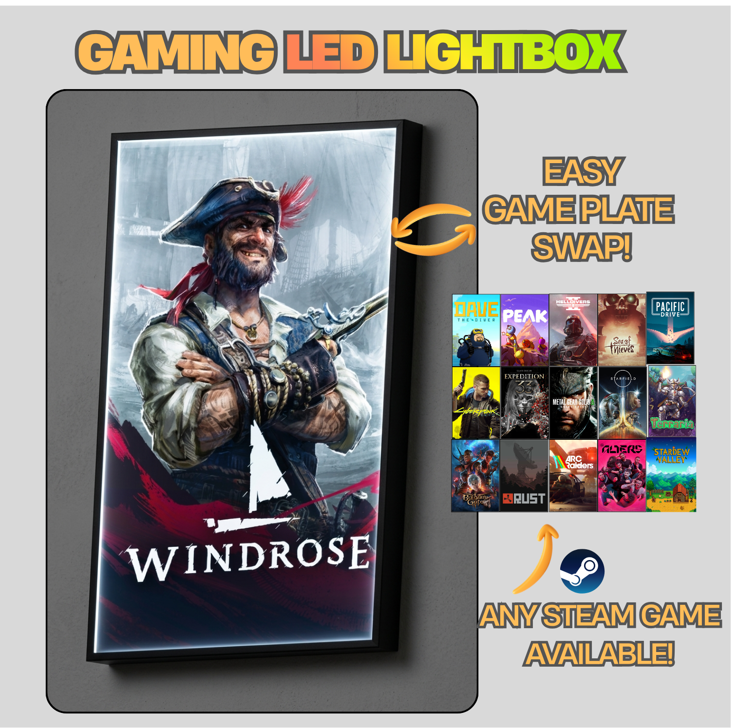 Gaming LED lightbox with a pirate-themed design and 'Windrose' branding, featuring an easy game plate swap feature.